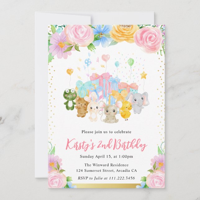 Invitation Amis de l'Aile Floral Cute Animal Anniversaire (Devant)