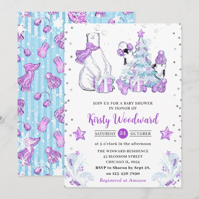 Invitation Amis d'hiver Ours polaire et Baby shower de pingou (Devant / Derrière)