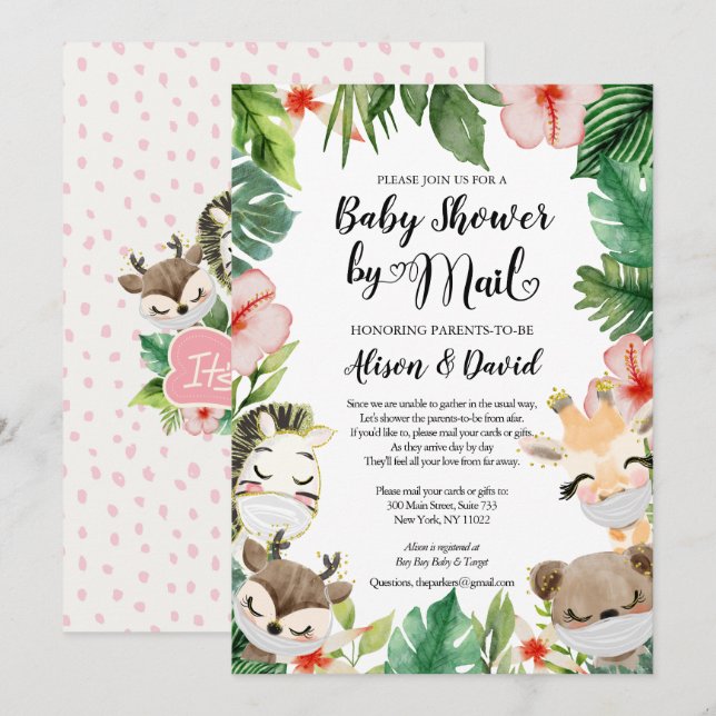 Invitation Amis Safari | Baby shower FILLE par courrier (Devant / Derrière)