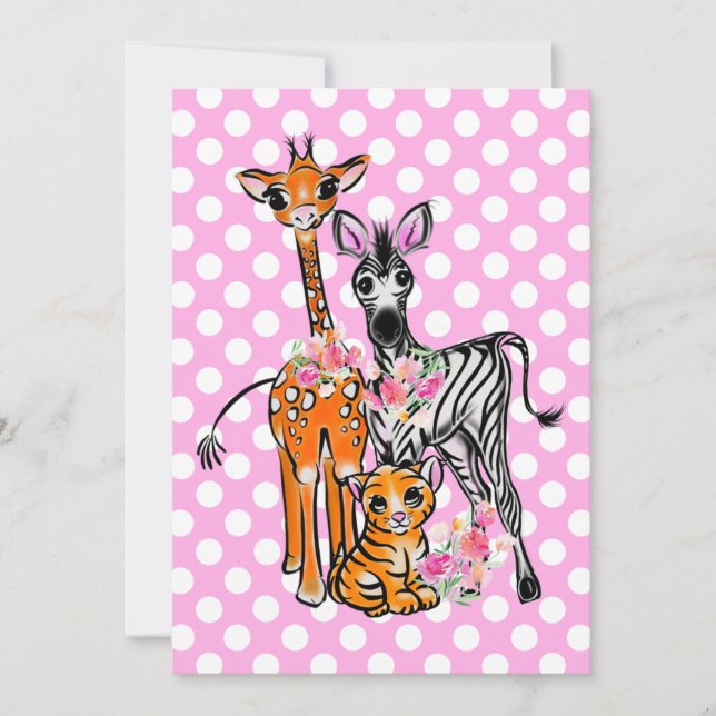 Invitation Amis Safari girafe zèbre tigre rose poka (Devant)