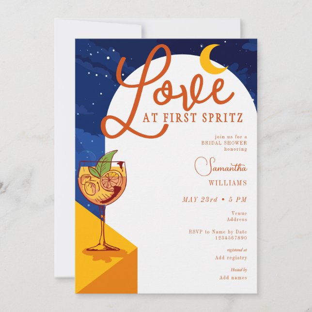 Invitation Amour Au Premier Spritz Fête des mariées Moderne É (Devant)