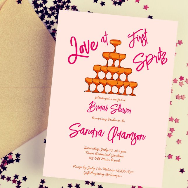 Invitation Amour au premier spritz tour croquis rose rétro (Love at first spritz tower sketch retro pink orange bridal shower  invitation template digital)