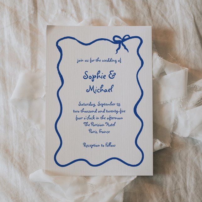 Invitation Amour | Bleu Illustré Mariage français Bow (Créateur téléchargé)