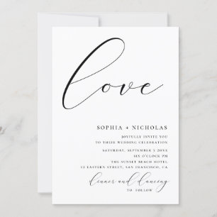 Invitation Amour. Calligraphie noir et blanc mariage simple