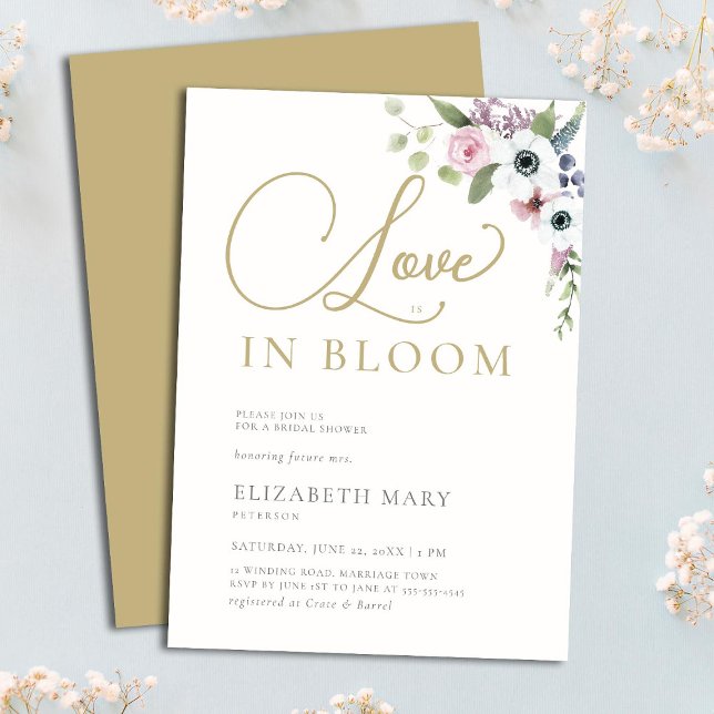Invitation Amour en Fleur Anémones Floral Fête des mariées or (Créateur téléchargé)