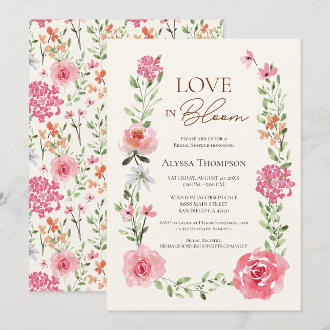 Invitation AMOUR en fleurs Jardin Fête des mariées à thème (Devant / Derrière)