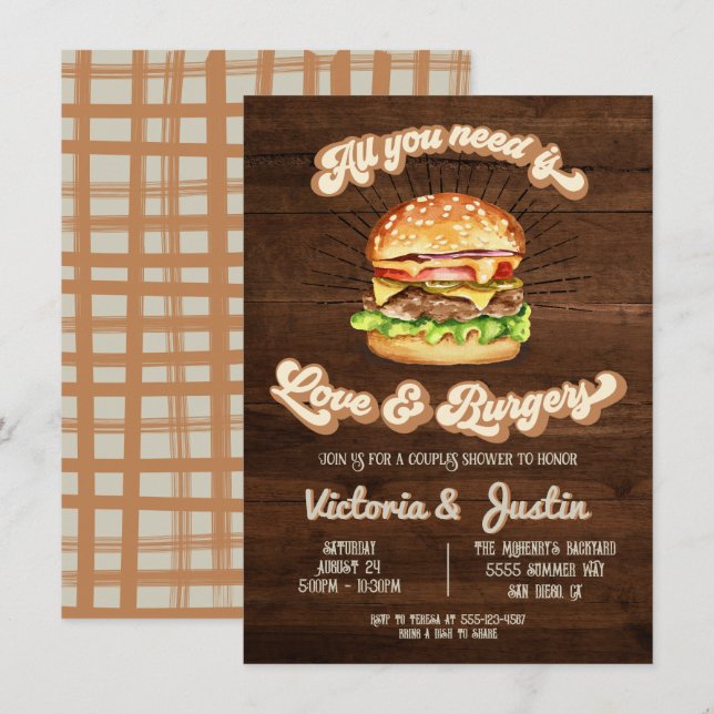 Invitation Amour et Burgers couples wedding shower (Devant / Derrière)