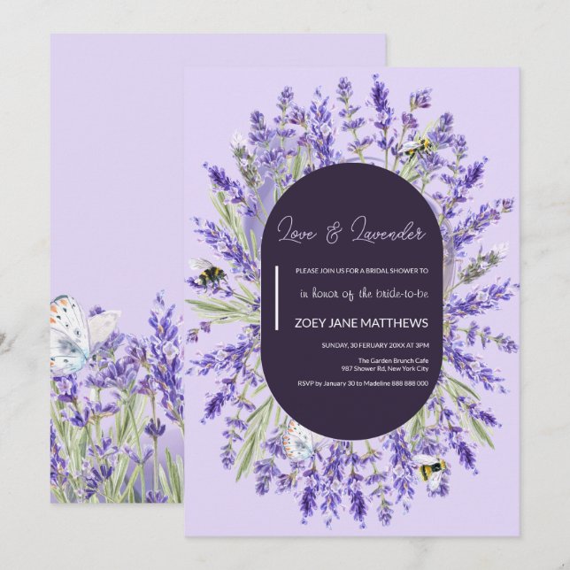 Invitation Amour et Lavender | Élégante Fête des mariées flor (Devant / Derrière)