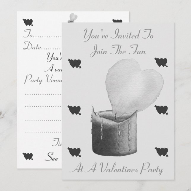 Invitation amour flamme cardiaque et bougie noir et gris fête (Devant / Derrière)