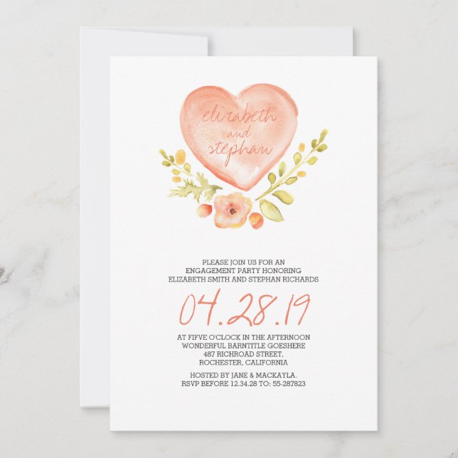 Invitation amour fleurs de coeur aquarelle (Devant)