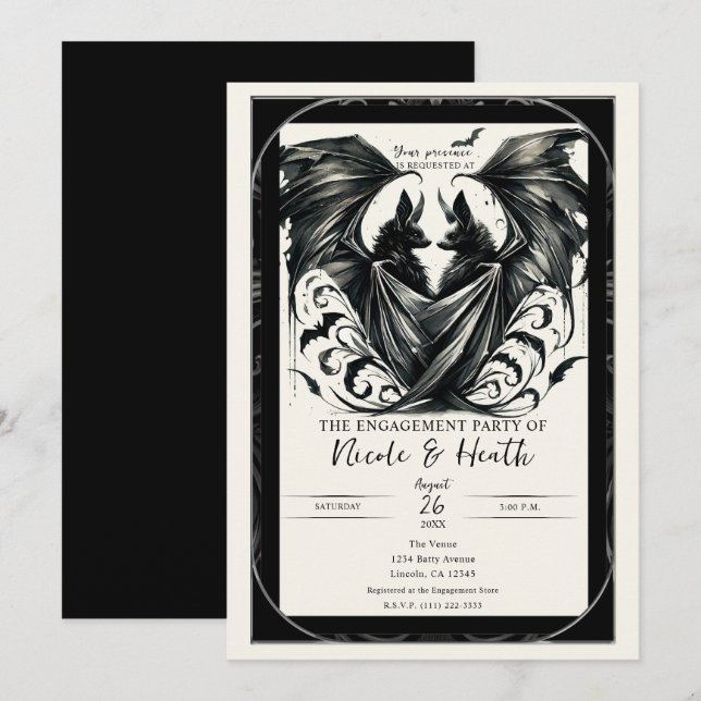 Invitation Amour gothique argent crème noir Bats Engagement (Devant / Derrière)