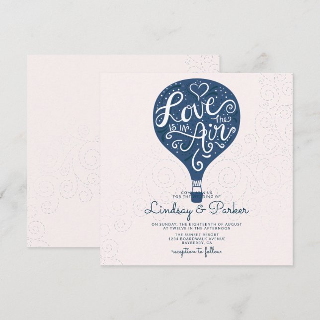 Invitation Amour Lettré main Marine Mariage Carré (Devant / Derrière)