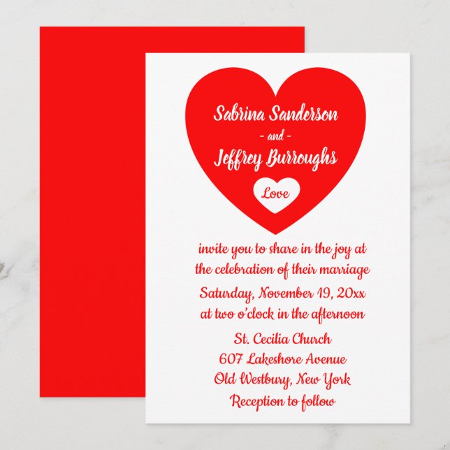 Invitation Amour Mariage du coeur rouge et blanc (Devant / Derrière)