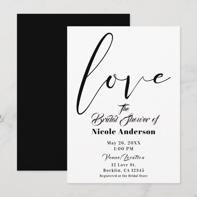 Invitation Amour Noir & Blanc Mariage Moderne Script (Devant / Derrière)