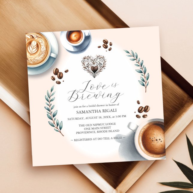 Invitation Amour qui se prépare Café Fête de Mariage (love is brewing coffee bridal shower invitations with a watercolor theme and brown heart.)
