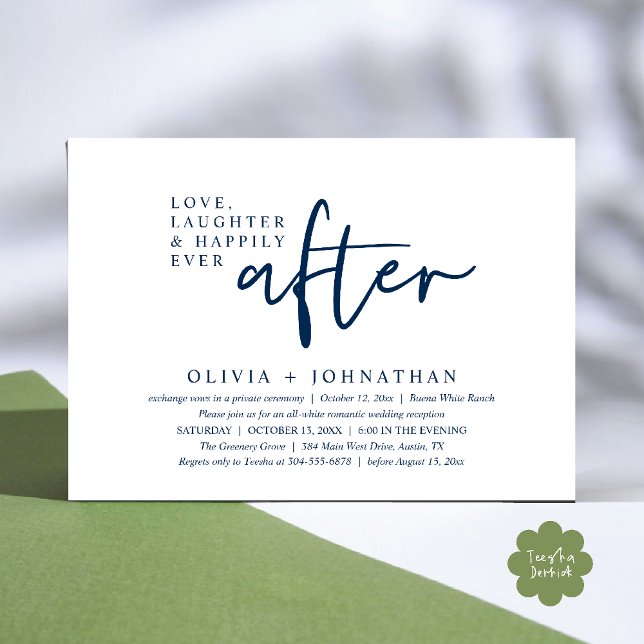 Invitation Amour, Rire Et Heureux Jamais Après La Réception (Love, Laughter And Happily Ever After Reception Modern Minimalist Invitation Card PDF Navy Blue)
