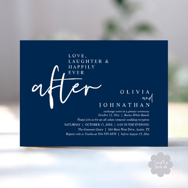 Invitation Amour, Rire Et Heureux Jamais Après La Réception (Love, Laughter And Happily Ever After Reception Modern Minimalist Invitation Card PDF Navy Blue)