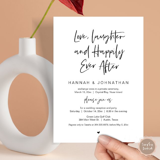 Invitation Amour, Rire, Noir, Mariage Fuite Party (Love Laughter Happily Ever After Wedding Elopement Dinner Party Invitation Card, PDF, White Black)