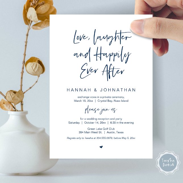 Invitation Amour, Rires, Bleu Nuit, Fête de Mariage en Elopem (Love Laughter Happily Ever After Wedding Elopement Dinner Party Invitation Card, PDF, Navy Blue)
