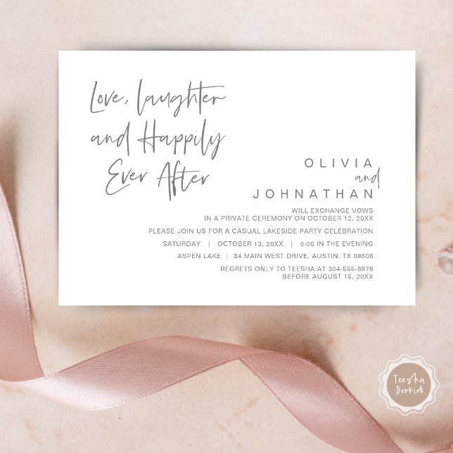 Invitation Amour, Rires et Heureux pour toujours, Fuite amour (Love, Laughter and Happily ever after, Modern Wedding Elopement Invitation Card, PDF, in Dark Grey)