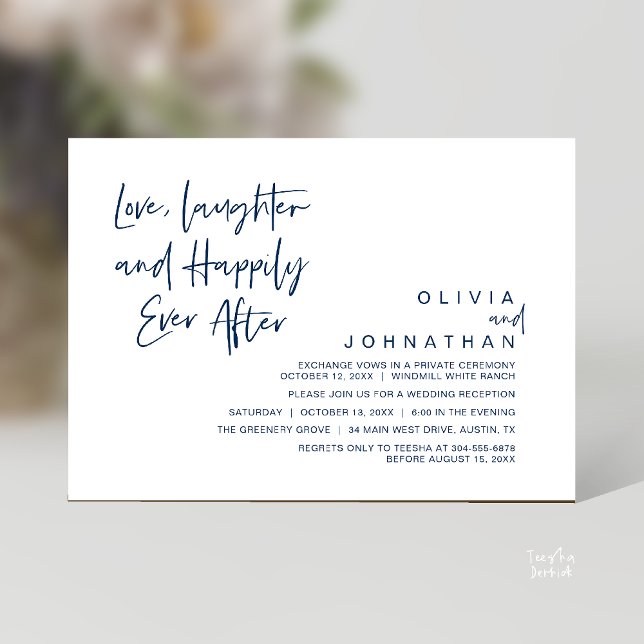 Invitation Amour, Rires et Pour Toujours Heureux, Moderne (Love, Laughter and Happily Ever After, Modern Boho Wedding Invites Card PDF Navy Blue)