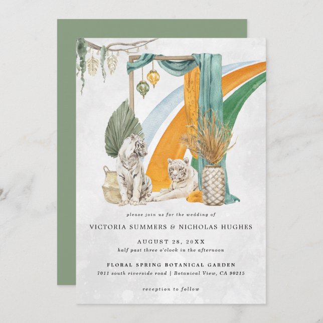 Invitation Amour sauvage | Boho Macrame Tiger Mariage de verd (Devant / Derrière)
