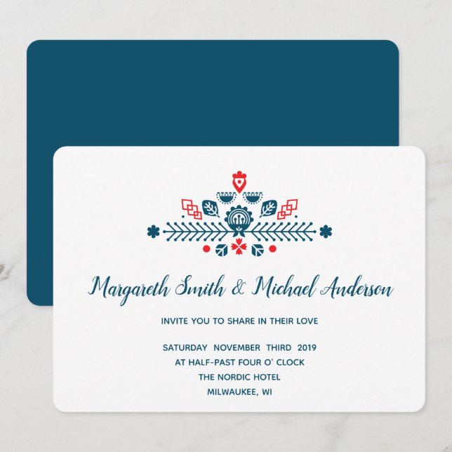 Invitation Amour scandinave en rouge et bleu | MARIAGE (Devant / Derrière)