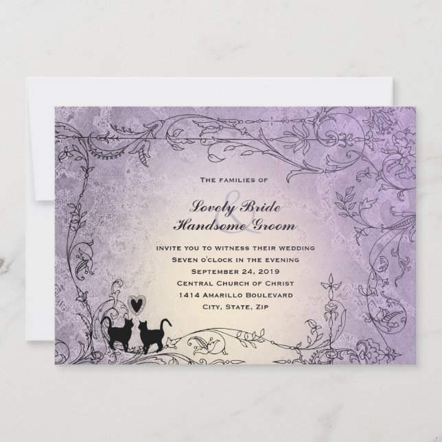 Invitation Amoureux de les chats Ornate Lavender Vintage Wedd (Devant)