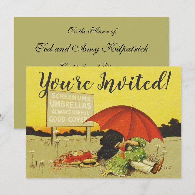 Invitation Amoureux parasol vintage plage  (Devant / Derrière)