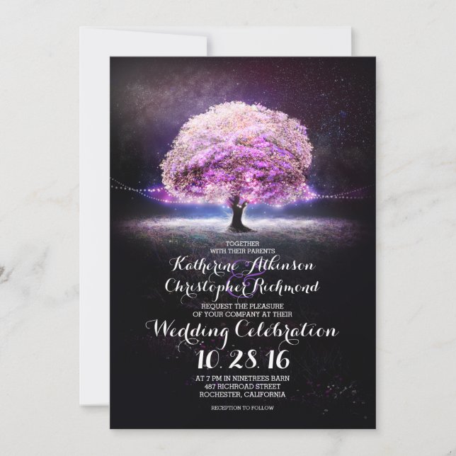 Invitation amoureux phares à cordes arbre violet mariage invi (Devant)