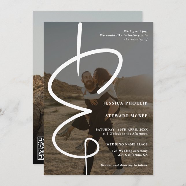 Invitation Ampersand chic photo calligraphie Qr code mariage (Devant / Derrière)