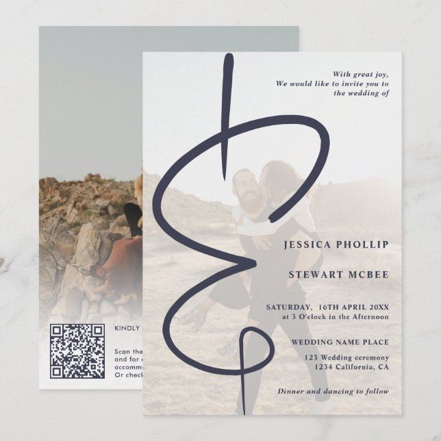Invitation Ampersand chic photo marine bleu Qr code mariage (Devant / Derrière)