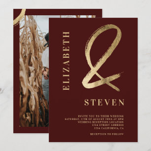 Invitation Ampersand d'or rouge moderne noms photo mariage