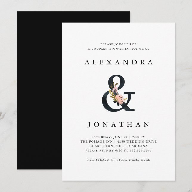 Invitation Ampersand élégant | Douche Couples Noir et Blanc (Devant / Derrière)