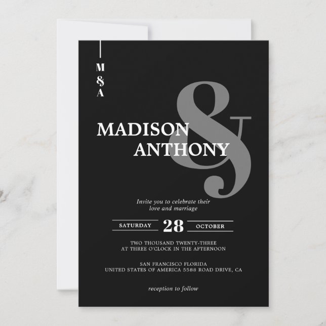 Invitation Ampersand gris noir moderne Mariage photo Script (Devant)