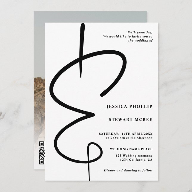 Invitation Ampersand photo moderne calligraphie Qr code maria (Devant / Derrière)