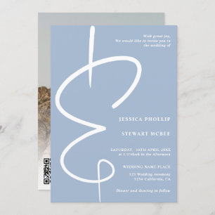 Invitation Ampersand photo script bleu glace Qr code mariage