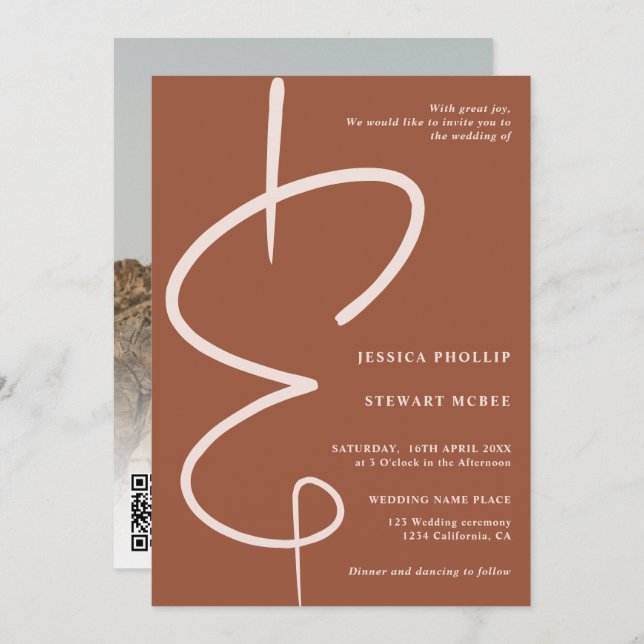 Invitation Ampersand photo script en terre cuite code Qr mari (Devant / Derrière)