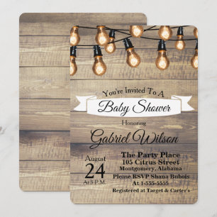 Invitation Ampoules d'Edison de grange rustique et baby