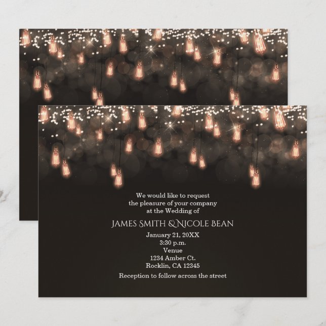 Invitation Ampoules suspendues vintage pour mariage rustique (Devant / Derrière)