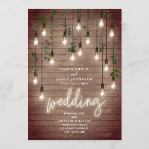 Invitation Ampoules vintages Panneau de néon Mariage en bois