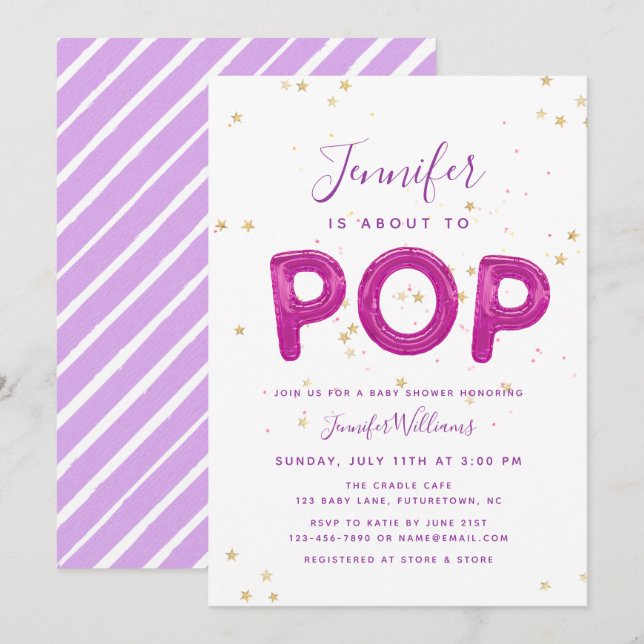 Invitation Amusant Ballons jolie rose violet Baby shower fill (Devant / Derrière)