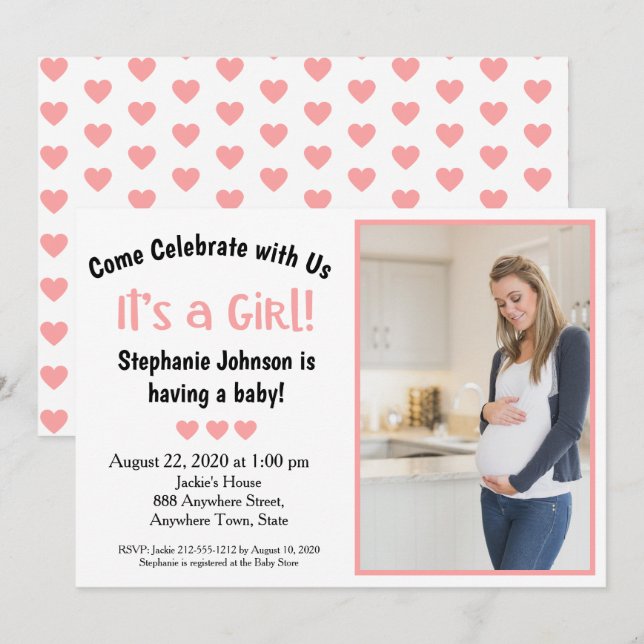 Invitation Amusant C'est une fille Baby shower Coeurs roses P (Devant / Derrière)