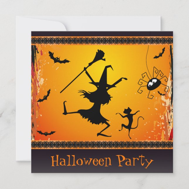Invitation Amusant Dancing Witch and Cat Halloween Party (Devant)