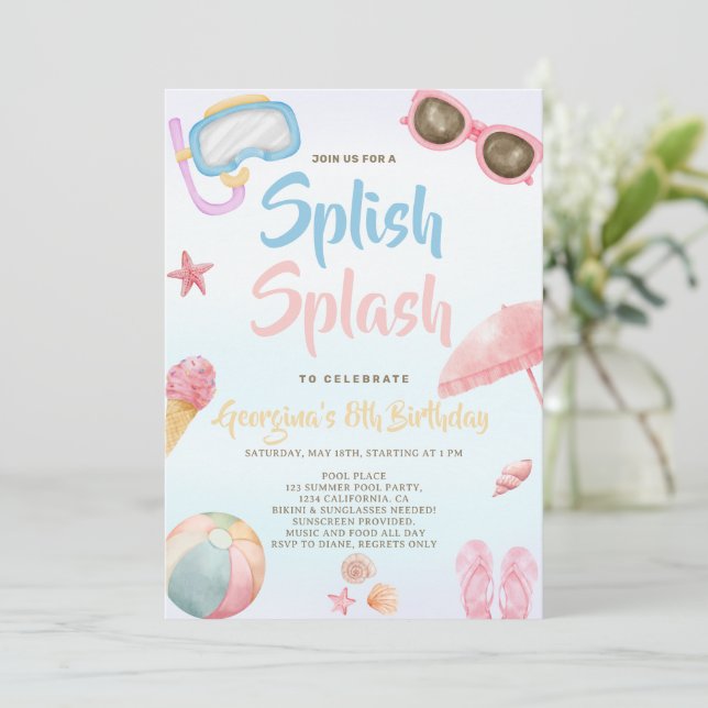 Invitation Amusant été Splish Splash Girl Anniversaire (Debout devant)