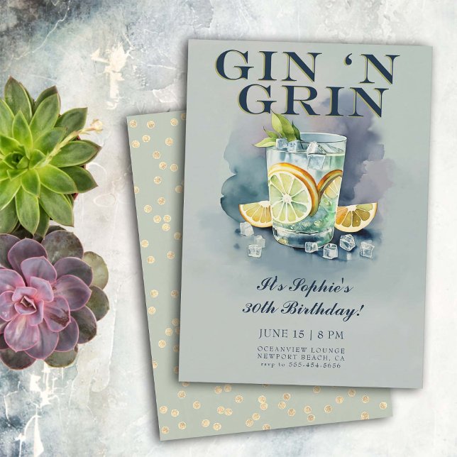 Invitation Amusant Gin n Grin Cocktail Party 30e anniversaire (30th birthday invitation for women funny gin grin cocktails party watercolor hilarious unique)