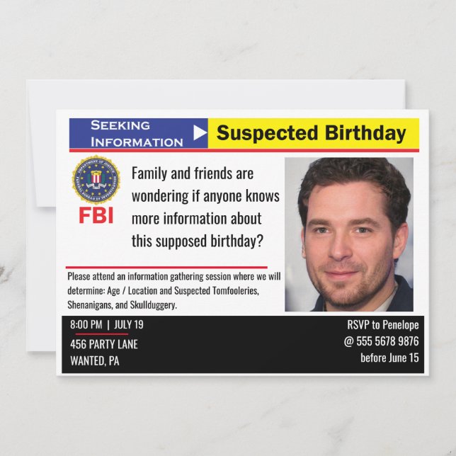 Invitation Amusant Homme Anniversaire Suspect À La Recherche  (Devant)