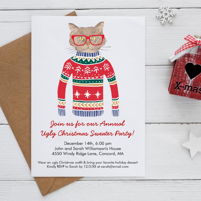 Invitation Amusant laide de Noël Sweat Party mignonne Chat (Créateur téléchargé)