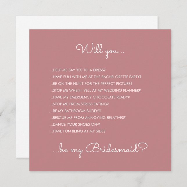 Invitation Amusant moderne Dusty Rose Script Bridesmaid Propo (Devant / Derrière)