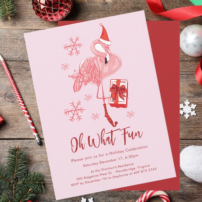 Invitation Amusant Oh Quel Flamant rose amusant fête de Noël (Funny Oh What Fun Flamingo Christmas Party Invitation)